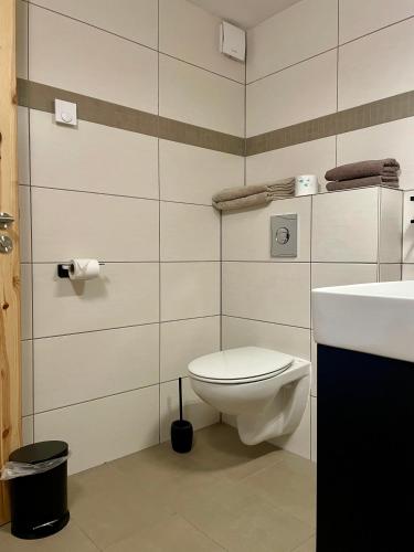 a bathroom with a toilet and a sink at Ferienwohnung Pferdehof Birkholz in Bernau bei Berlin