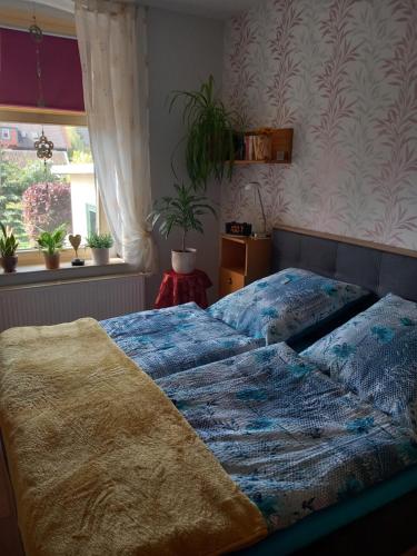 a bedroom with a bed with a blue comforter at Harz und Gemütlich in Blankenburg