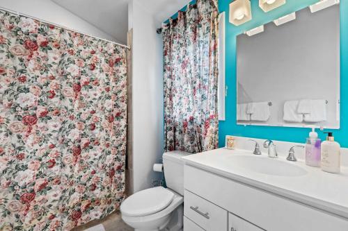 a bathroom with a toilet and a shower curtain at New The Pool Loft at Poplar Hill in Annapolis