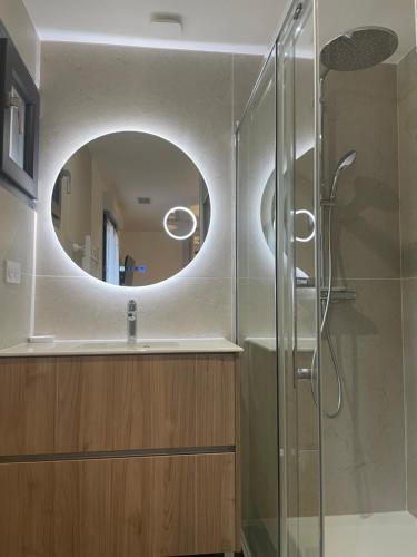 een badkamer met een wastafel en een spiegel bij Gîte Domaine d'Hybère in Lucbardez-et-Bargues