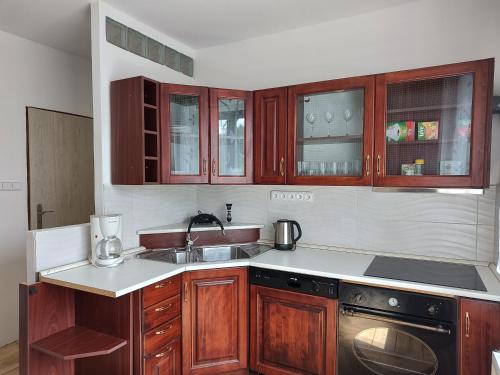 a kitchen with wooden cabinets and a sink at Ubytování v soukromí in Lomnice nad Lužnicí