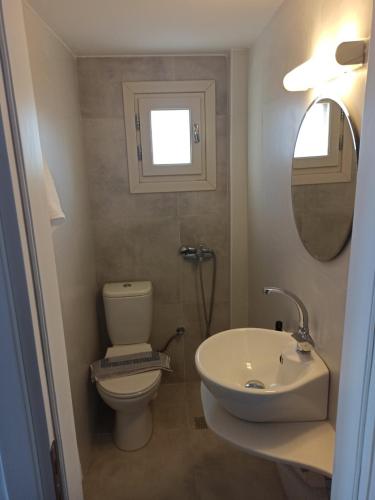 a bathroom with a toilet and a sink and a mirror at Hiona House in Angathiás