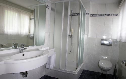 een badkamer met een wastafel, een douche en een toilet bij Hotel Alpha in Saas-Grund