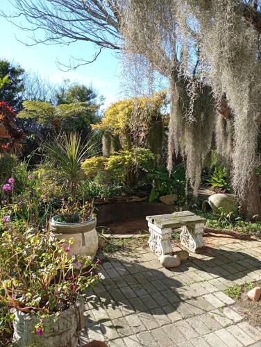 a garden with a bench and some plants at The Secret Garden Mossel Bay in Mossel Bay
