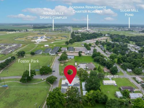a map of a park with a red marker at Fairway Cottage 2BR Retreat Near Sportsplex in Youngsville