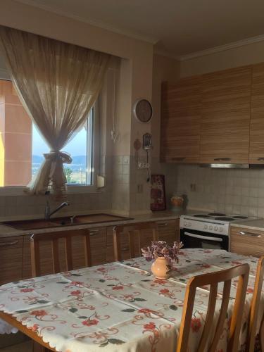 a kitchen with a table with a table cloth on it at Volvi View Apartment in Néa Mádhitos