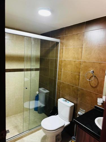 a bathroom with a toilet and a glass shower at Centrally located and comfortable apartment in Tupiza