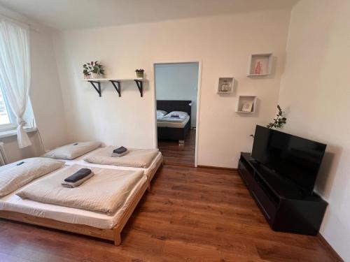 a bedroom with two beds and a flat screen tv at Rose Valley in Bratislava