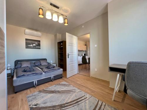 a bedroom with a bed and a desk in a room at City Centre Gambrinus Flat in Debrecen