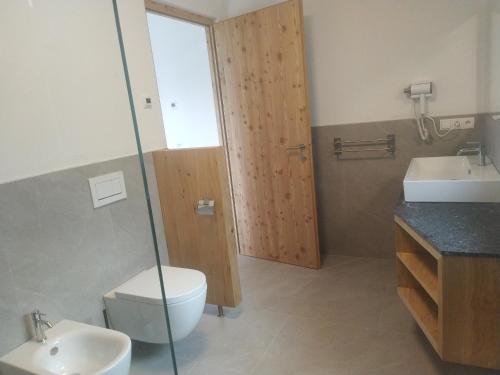 a bathroom with a toilet and a sink at Mitterhofer Appartements in Villandro