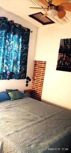 a bedroom with a bed and a ceiling fan at Spacieux T2 à deux pas de la mer in Collioure