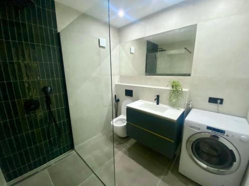 a bathroom with a washing machine and a sink at Spacious, Newly Renovated, Pula Rooftop Apartment with Marina Views in Pula