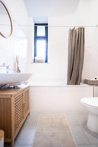 a bathroom with a sink and a toilet and a tub at 2 BR Apartment - TERRASSE - WIFI - KAFFEE - ZENTRAL - RUHIG - BUSINESS in Wiesbaden