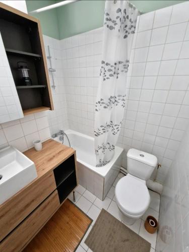 une salle de bain avec toilettes, lavabo et baignoire dans l'établissement Bel Appart Lumineux avec VUE MER en Centre-ville, à Sète