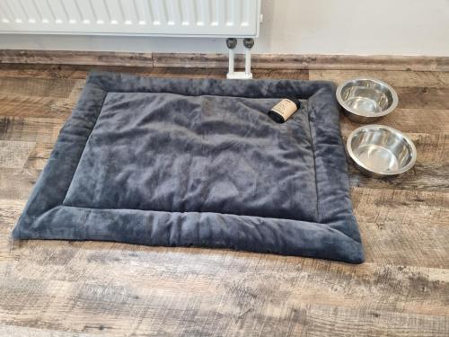a blue blanket sitting on the floor with two bowls at CJS Apartments - Chill or Drive am Nürburgring, Free Parking, WLan, Spacious Rooms, Quiet Location in Rodder