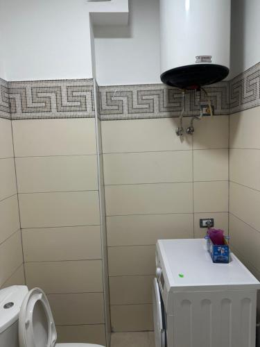 a small bathroom with a toilet and a lamp at Sol & Sea Apartments 2 in Shëngjin