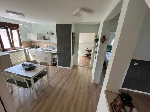 a kitchen and living room with a table and a dining room at La mansardina in Lörrach