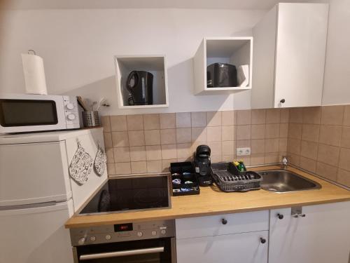 a small kitchen with a sink and a microwave at CJS Apartments - Chill or Drive am Nürburgring, Free Parking, WLan, Spacious Rooms, Quiet Location in Rodder
