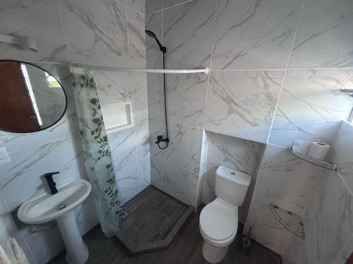 a bathroom with a toilet and a sink at Aparthouse-Compartida! in Fray Bentos
