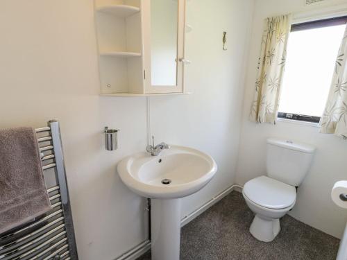 a white bathroom with a toilet and a sink at Springtime Lodge in Abergele
