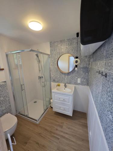 a bathroom with a shower and a sink and a mirror at Mamma Mia Park in Łukęcin