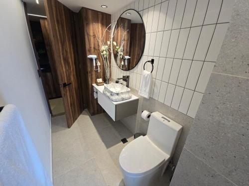 a bathroom with a toilet and a sink and a mirror at Mali Experience in Rionegro