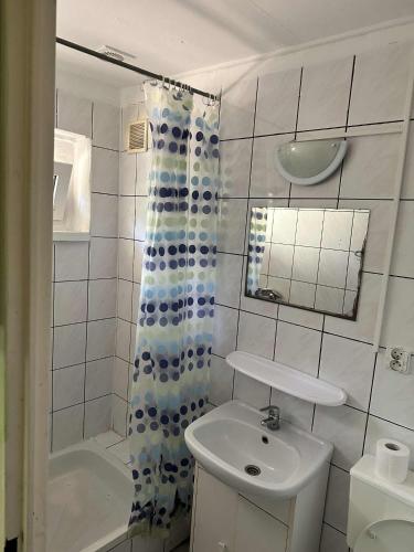 a white bathroom with a sink and a shower at U Karola in Karpicko