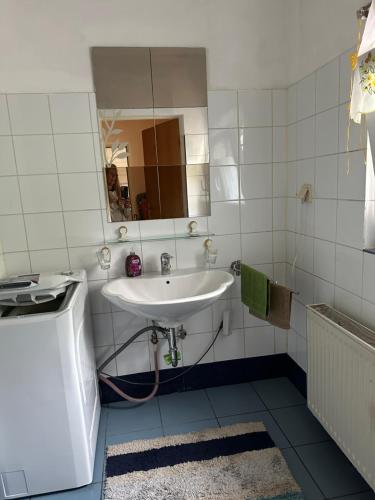 un bagno con lavandino e specchio di Finca Sommerfeld 2-Zimmerhaus mit Terrasse und Garten a Kremmen