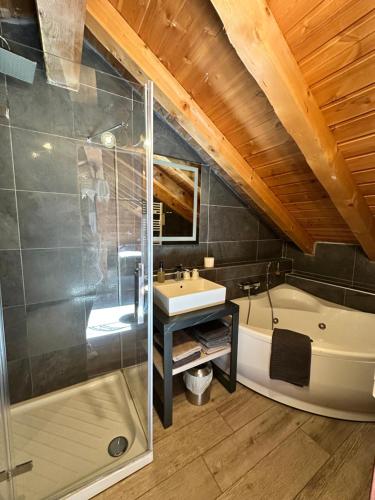 a bathroom with a shower and a tub and a sink at Hôtel-Chalet les Mélèzes in Valloire