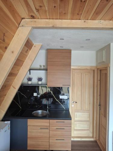 a kitchen with a sink and a wooden ceiling at Spa villas Higo in Žabljak