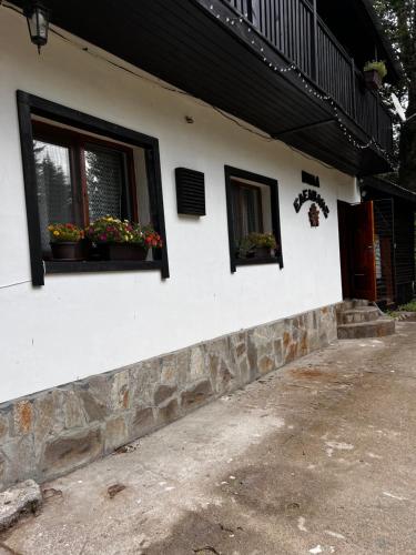 a white building with two windows with flowers in them at Вила Еделвайс in Dobrinishte