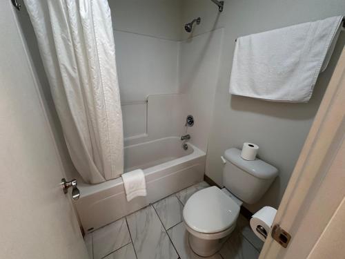 a white bathroom with a toilet and a bath tub at Seahorse Oceanfront Lodge in Lincoln City