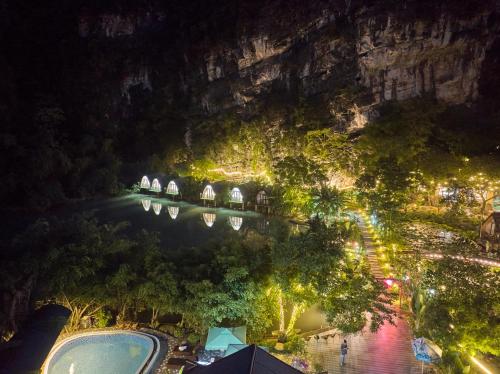 an aerial view of a resort at night at Hoang Minh Mountainside Villa in Ninh Binh