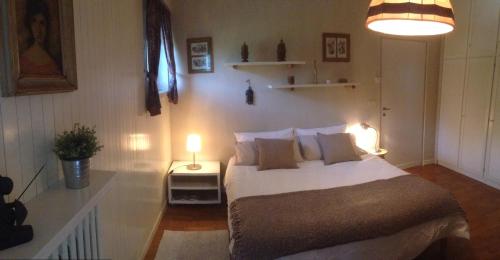 a bedroom with a large bed and a lamp at Maison Bibian in Aosta