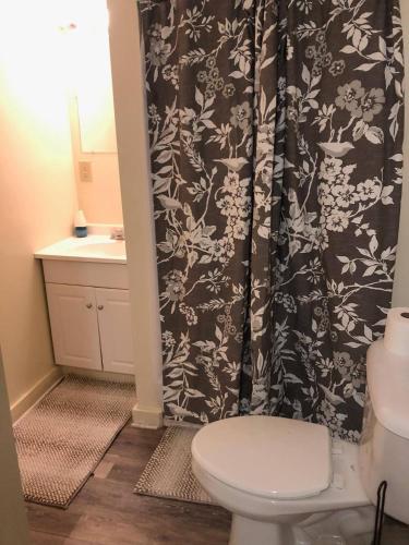 a bathroom with a toilet and a black and white shower curtain at Urban Oasis In Downtown Waynesboro Near Parkway in Waynesboro