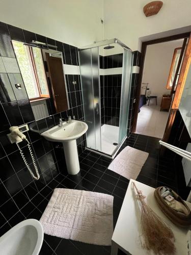 a black and white bathroom with a sink and a shower at Appartamento in casale Umbro vicino Orvieto - Allerona in Allerona