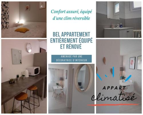 un collage de photos d'une cuisine et d'une chambre dans l'établissement Un appartement lumineux avec vue exceptionnelle avec 3 chambres, à Bourg-lès-Valence