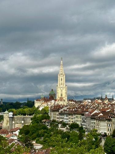 a view of a city with a clock tower at Bears View BB in Bern