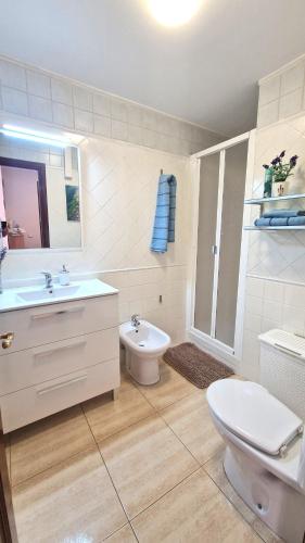 a white bathroom with a toilet and a sink at Apartamento La Marisma Playa de Mogán in Puerto de Mogán