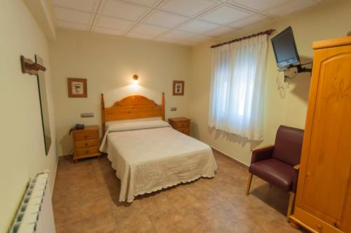 ein Schlafzimmer mit einem Bett, einem Stuhl und einem TV in der Unterkunft Hotel-Balneario La Esperanza in Reolid