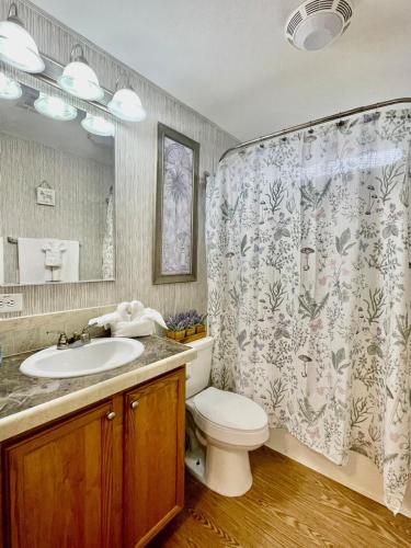 a bathroom with a sink and a toilet and a shower curtain at Private Farm with Beach Near St Johns River 