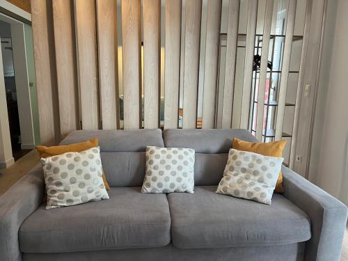 a gray couch with four pillows on it at l'abri du bonheur in Lampertheim