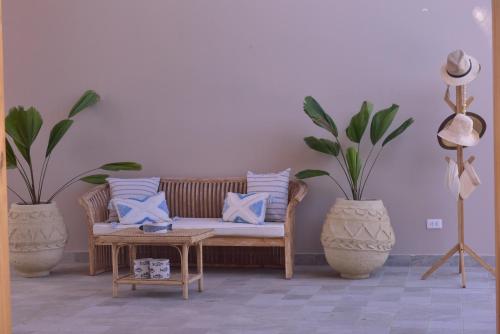 ein Wohnzimmer mit einem Sofa und zwei Topfpflanzen in der Unterkunft Cocolobos Beach Resort in Bocapán