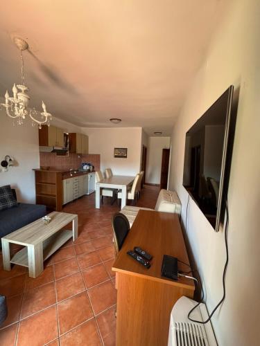 a living room with a couch a table and a tv at Garni Hotel Meduza in Rafailovici