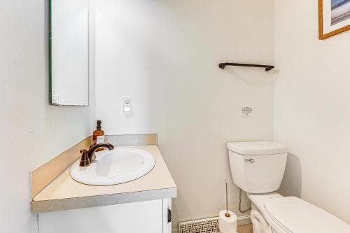 a bathroom with a sink and a toilet at Lake View and Deck Group Getaway in Whitehall! in Whitehall