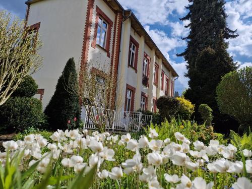 a house with white flowers in front of it at Pension im Gesundbrunnental in Bad Freienwalde