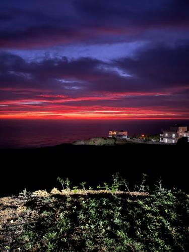 a sunset over the ocean with buildings in the background at La Ola 