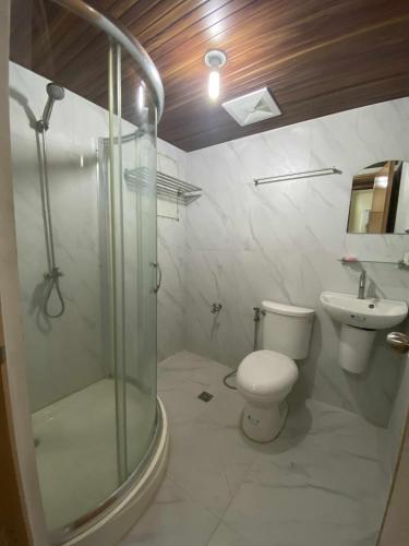 a bathroom with a shower and a toilet and a sink at Bakers Home stay in Tacondo