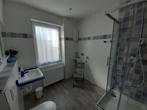 a bathroom with a shower and a sink and a glass shower at neue Ferienwohnung im roten Haus - Erdgeschoß, nur 350m zur Therme in Bad Ems