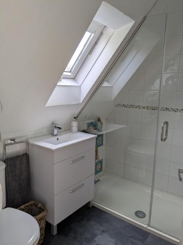 a bathroom with a shower and a sink and a skylight at Airy coastal courtyard house in Parkstone